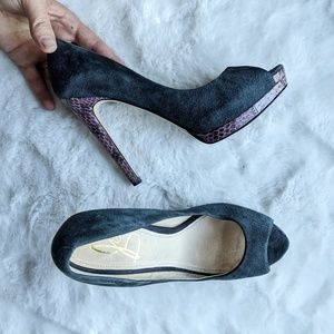 Joan & David Navy Leather Peep-Toe Stiletto Heels